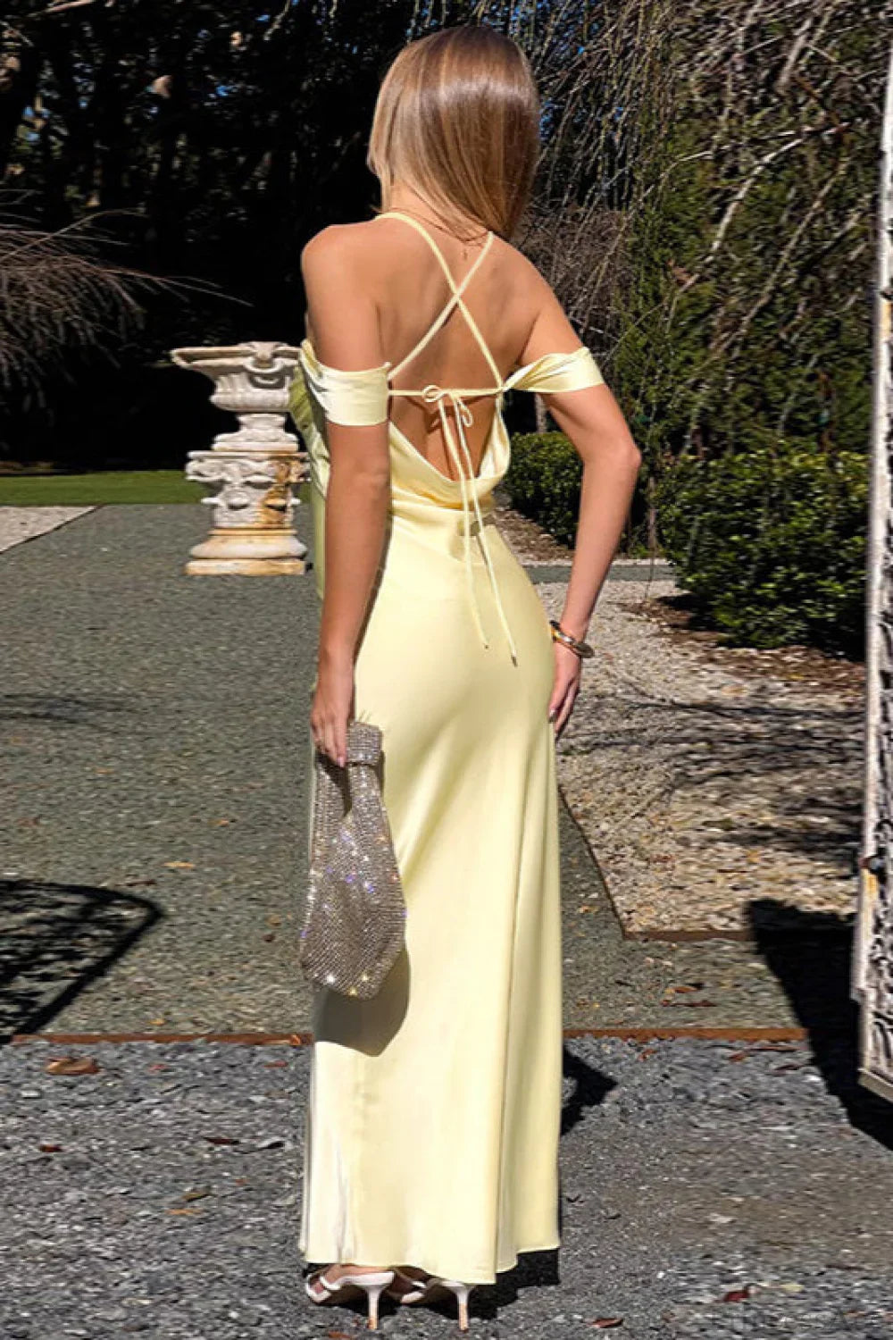 Satin Off Shoulder Backless Tie Cami Maxi Dress image 4