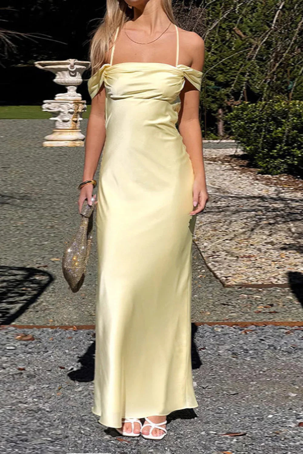 Satin Off Shoulder Backless Tie Cami Maxi Dress image 3