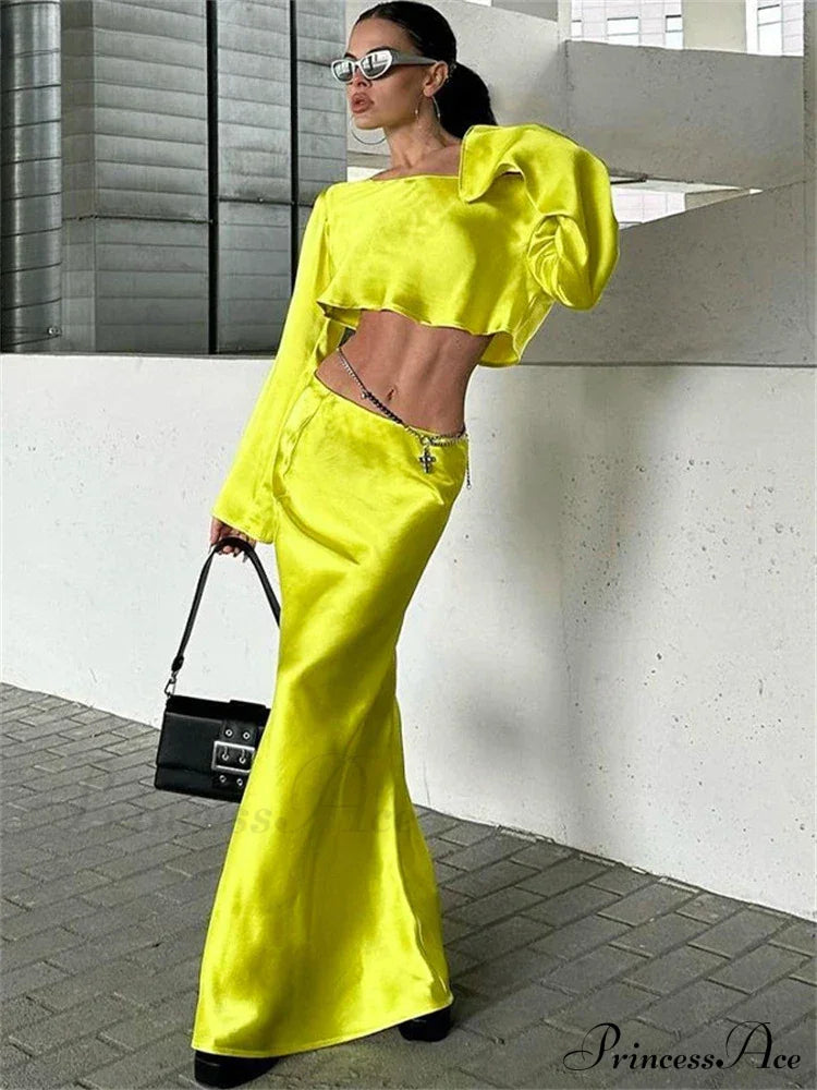 Satin Off Shoulder Long Sleeve Crop Top Maxi Dress image 2