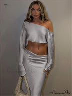 Satin Off Shoulder Long Sleeve Crop Top Maxi Dress image 4