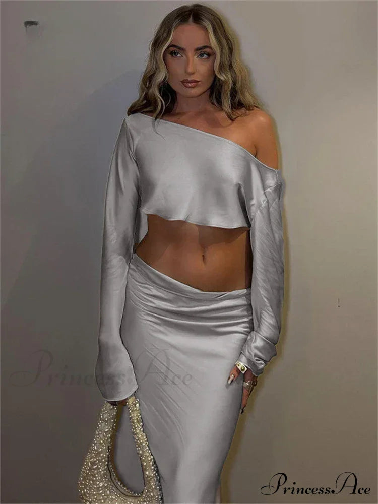 Satin Off Shoulder Long Sleeve Crop Top Maxi Dress image 4