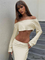 Satin Off Shoulder Long Sleeve Crop Top Maxi Dress image 6