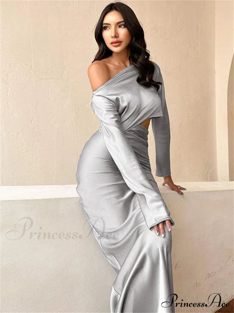 Satin Off Shoulder Long Sleeve Crop Top Maxi Dress image 3