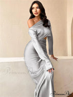 Satin Off Shoulder Long Sleeve Crop Top Maxi Dress image 3