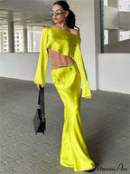 Satin Off Shoulder Long Sleeve Crop Top Maxi Dress image 1
