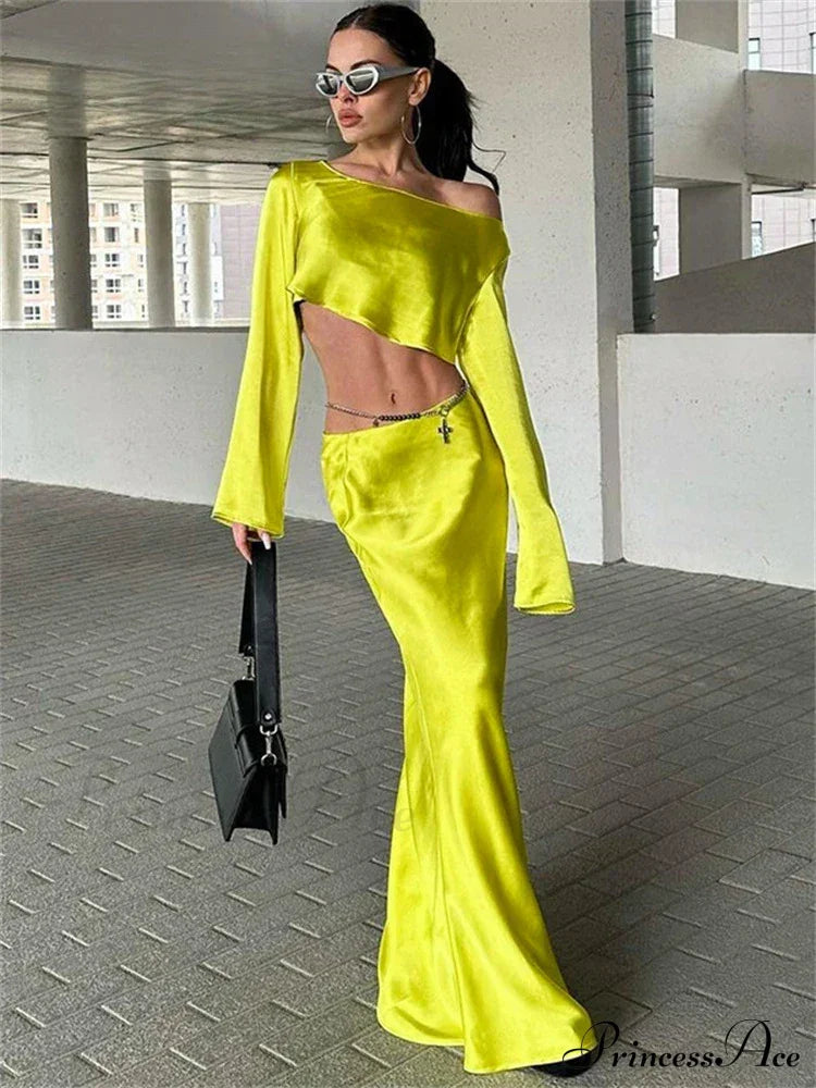 Satin Off Shoulder Long Sleeve Crop Top Maxi Dress image 1