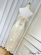 Satin Pearl Tassel Charming Corset Tube Midi Dress image 8