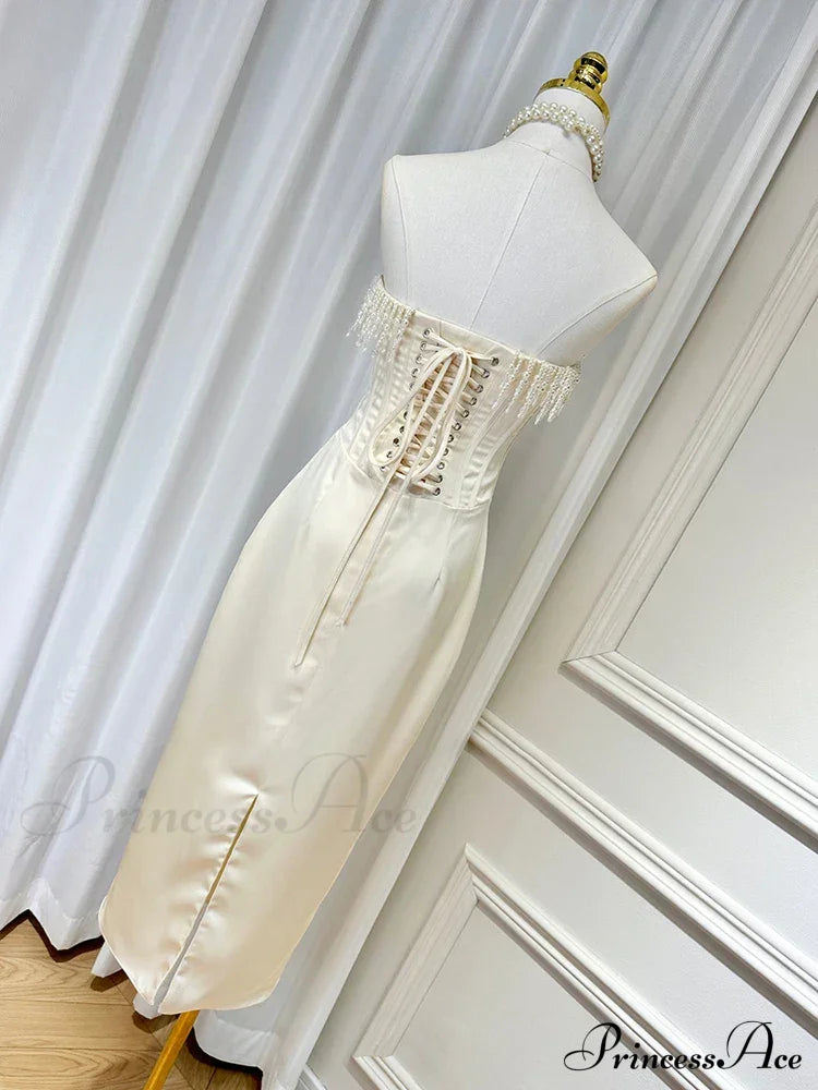 Satin Pearl Tassel Charming Corset Tube Midi Dress image 8