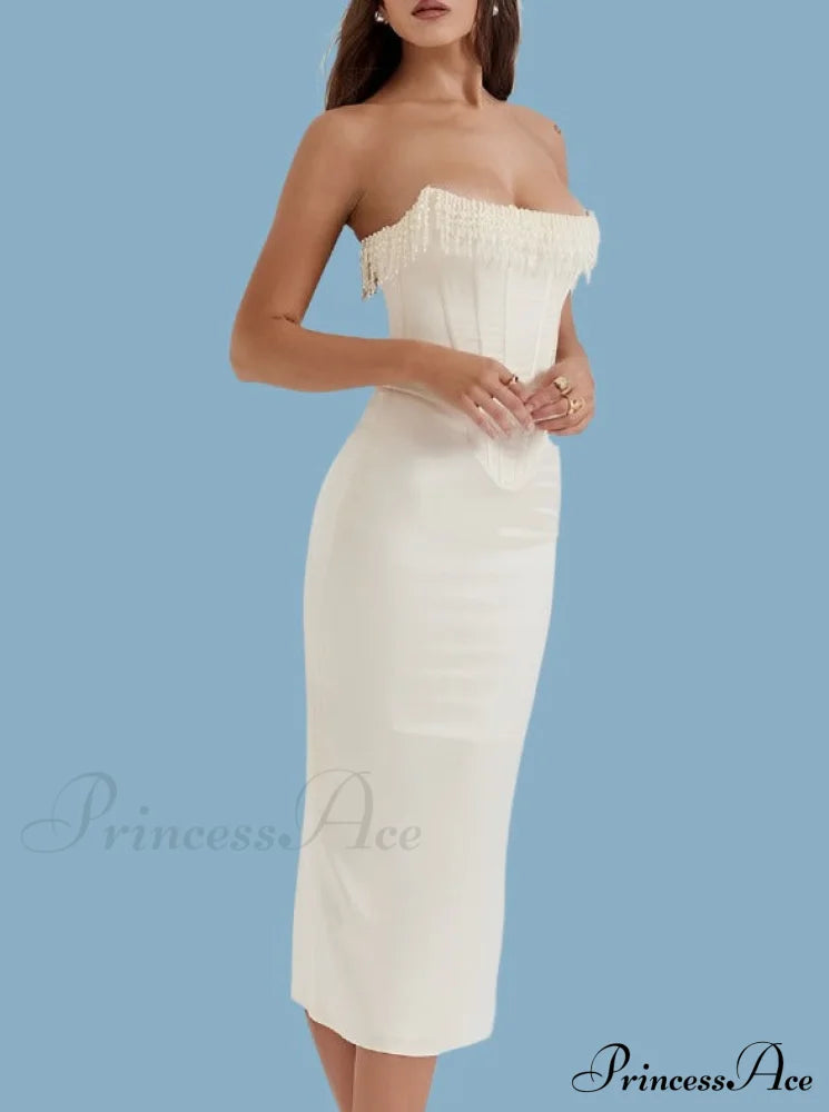 Satin Pearl Tassel Charming Corset Tube Midi Dress image 3