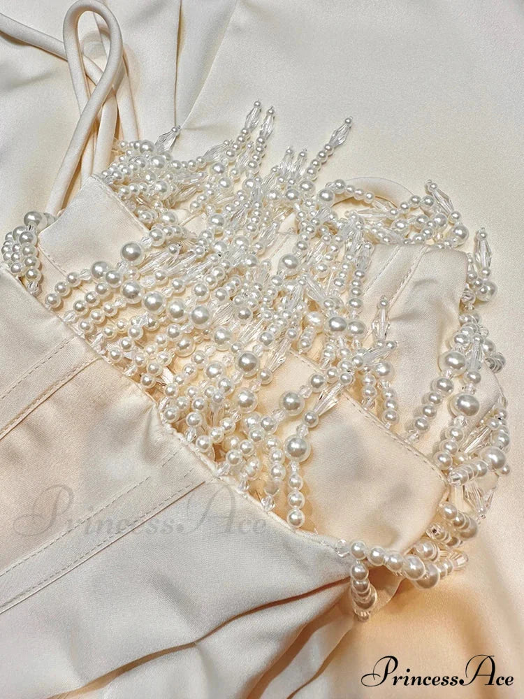 Satin Pearl Tassel Charming Corset Tube Midi Dress image 11