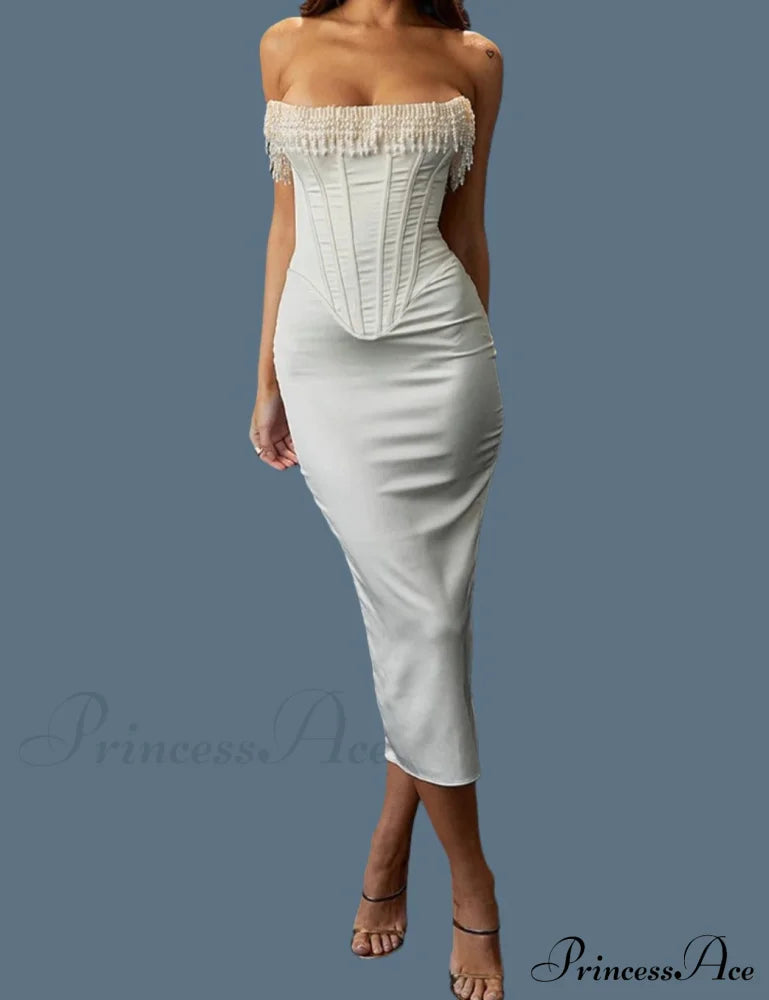 Satin Pearl Tassel Charming Corset Tube Midi Dress image 4
