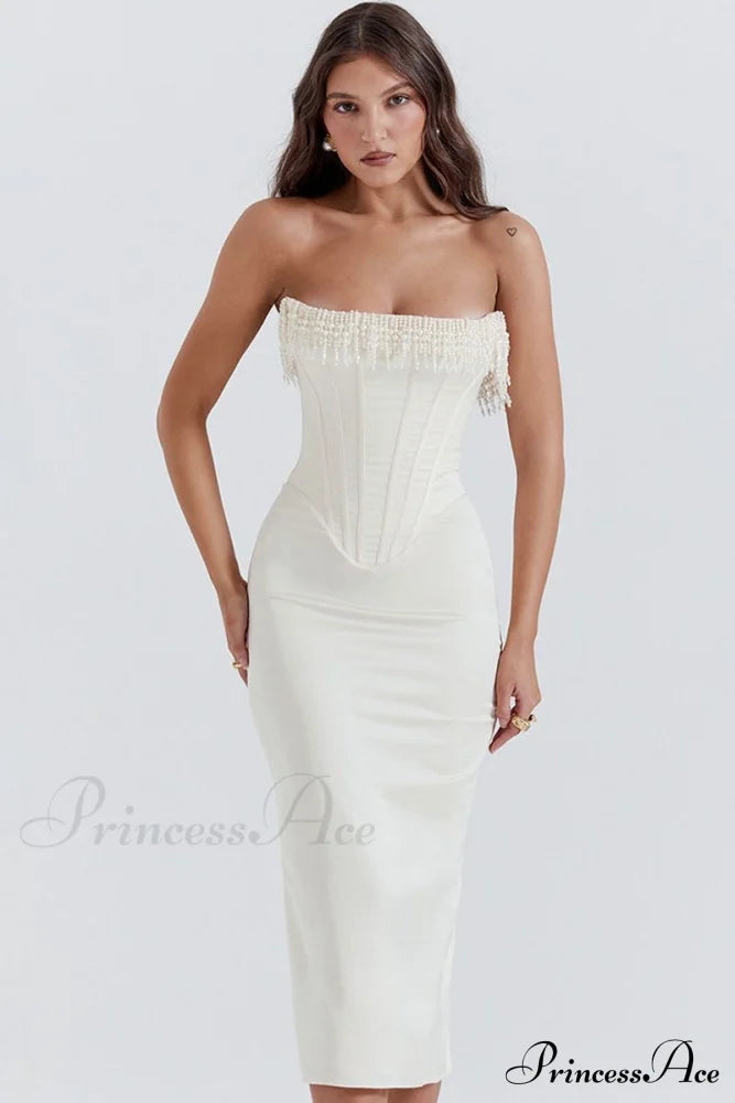 Satin Pearl Tassel Charming Corset Tube Midi Dress image 5