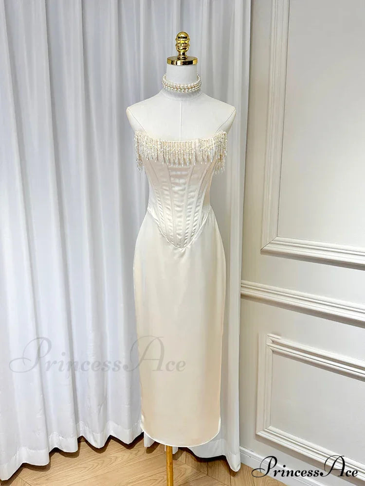 Satin Pearl Tassel Charming Corset Tube Midi Dress image 6