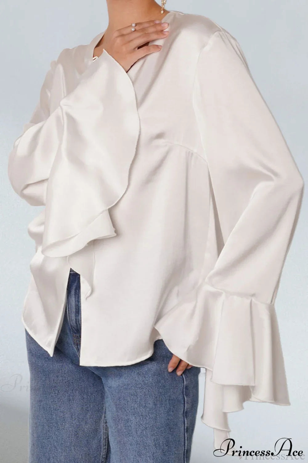 Satin Ruffled Solid Color Blouse image 2