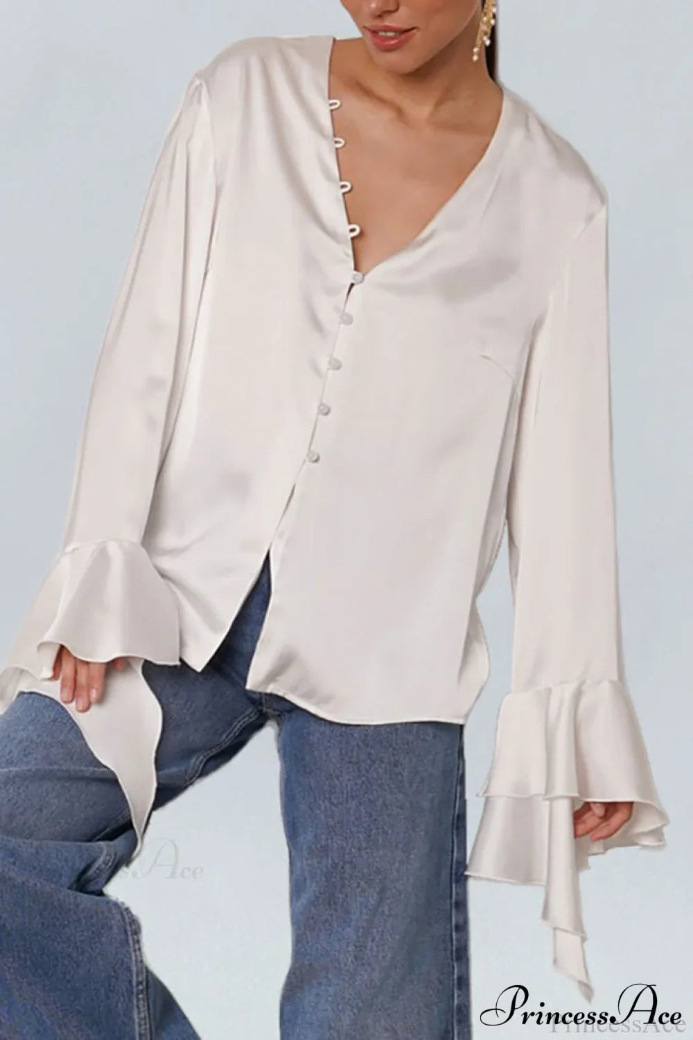 Satin Ruffled Solid Color Blouse image 3