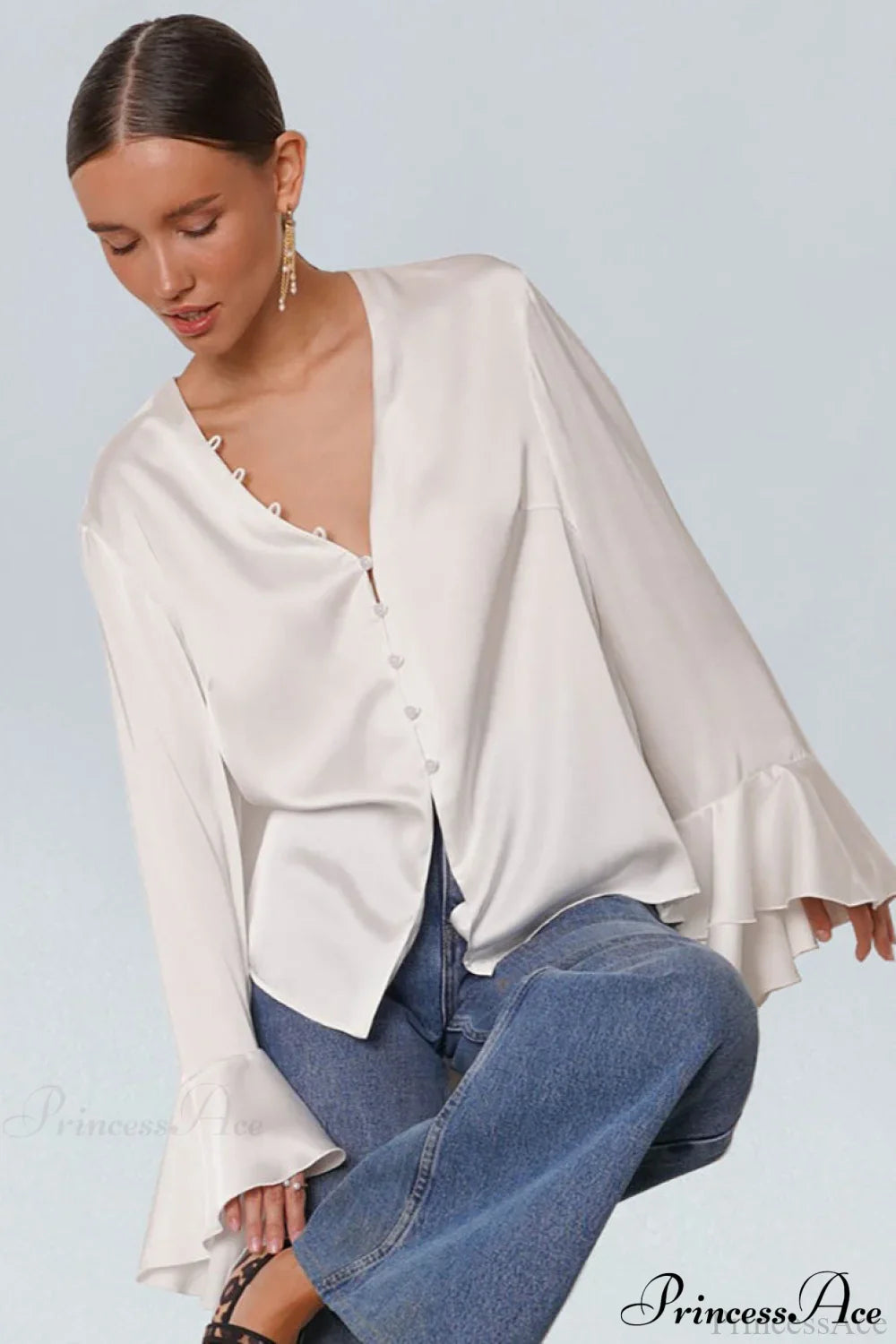 Satin Ruffled Solid Color Blouse image 1