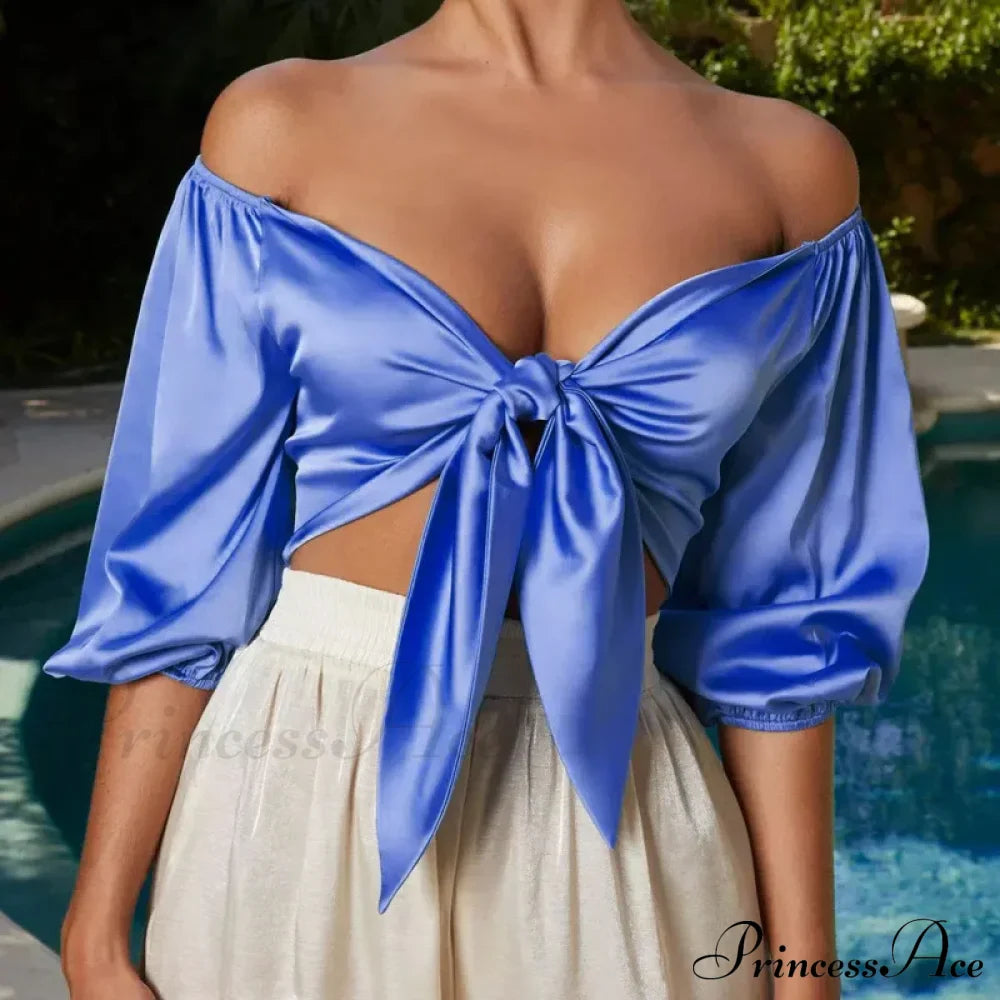 Satin Slik Crop Women Bow Sashes V Neck Crop Sleeveless Half Sleeve Cropped Backless cropped feminino Tank top image 2