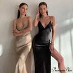 Satin Spaghetti Strap Summer Split V-neck Elegant Sleeveless Backless Club Party Outfits Sexy image 2