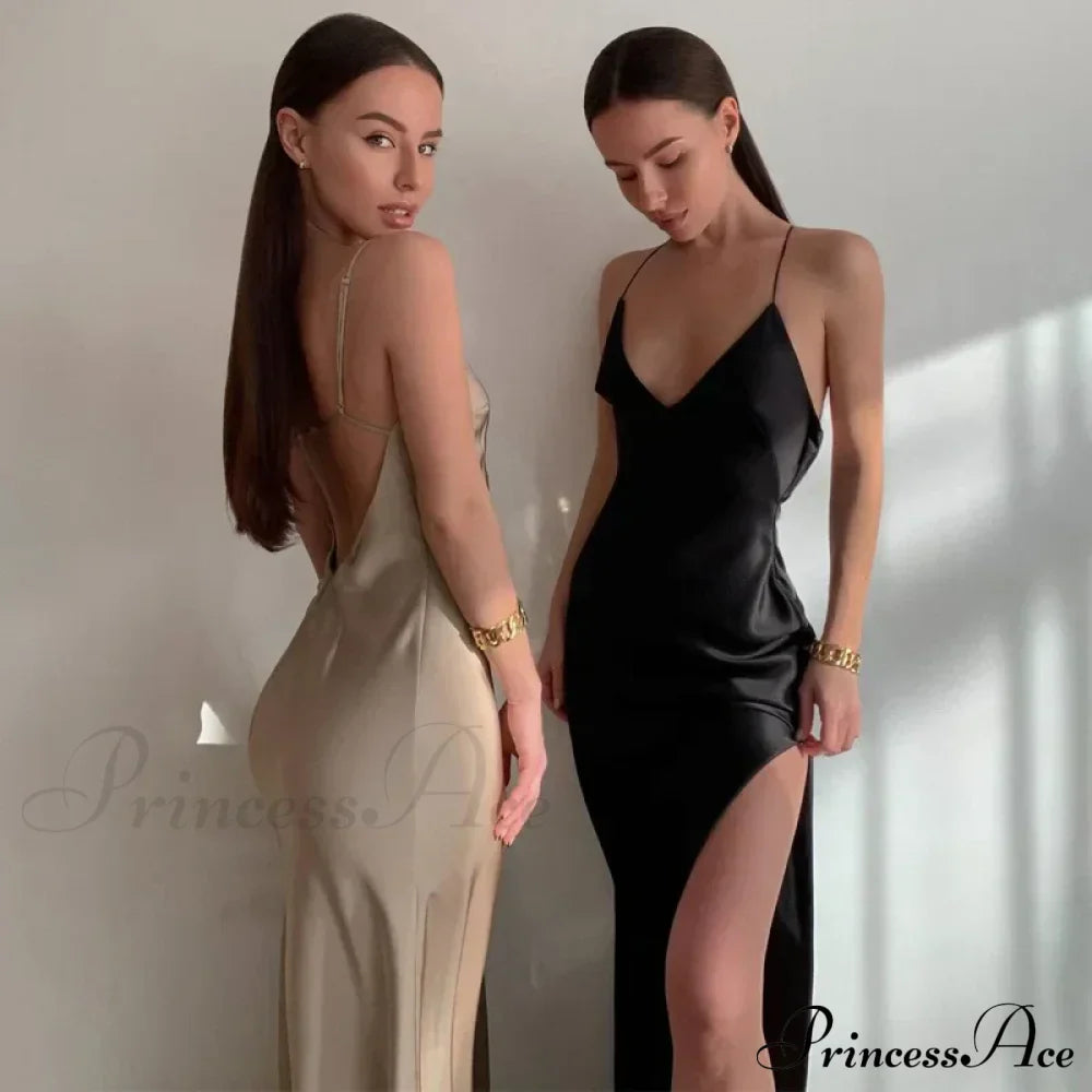 Satin Spaghetti Strap Summer Split V-neck Elegant Sleeveless Backless Club Party Outfits Sexy image 1