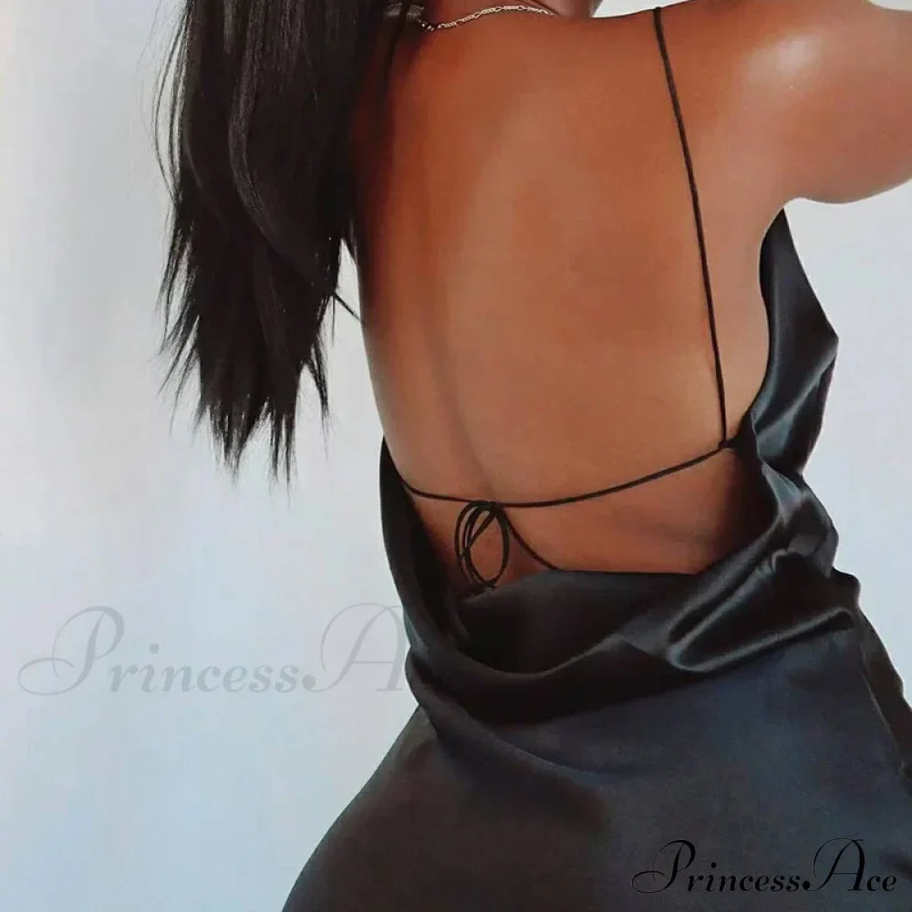 Satin Spaghetti Strap Summer Split V-neck Elegant Sleeveless Backless Club Party Outfits Sexy image 4