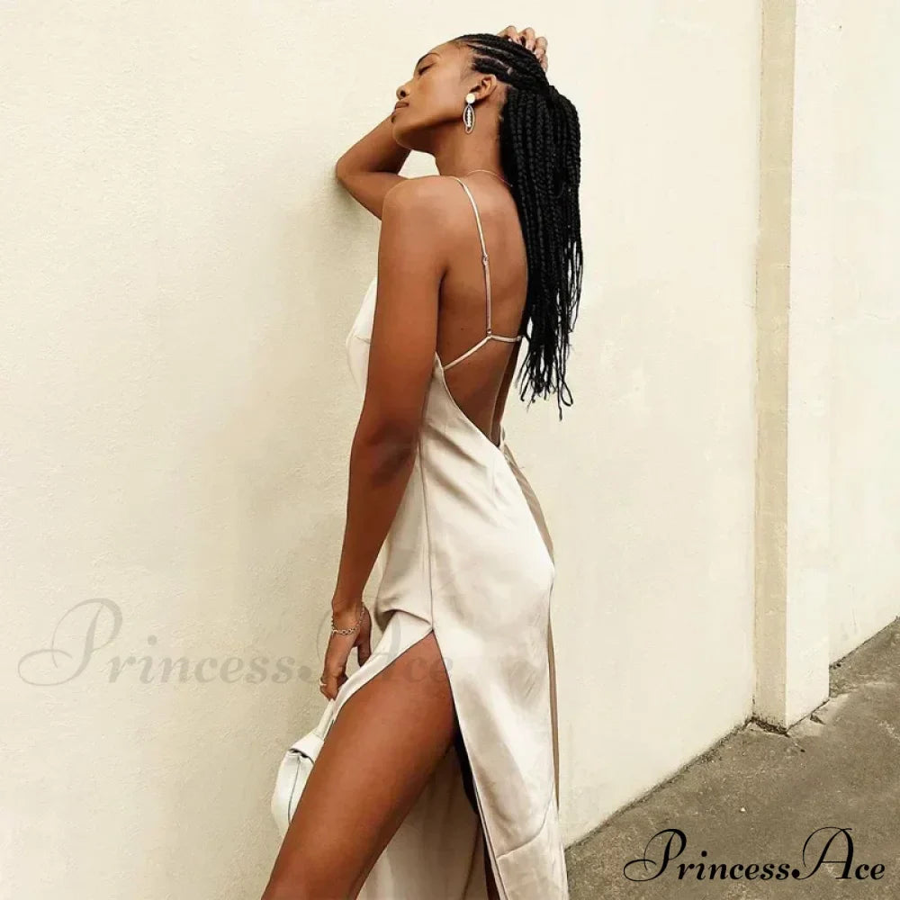 Satin Spaghetti Strap Summer Split V-neck Elegant Sleeveless Backless Club Party Outfits Sexy image 3