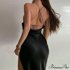 Satin Spaghetti Strap Summer Split V-neck Elegant Sleeveless Backless Club Party Outfits Sexy image 5