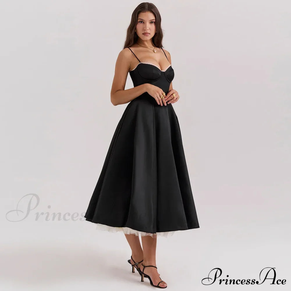 Satin Tulle Flare Charming Strap Cupped Midi Dress image 6