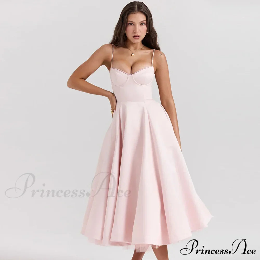Satin Tulle Flare Charming Strap Cupped Midi Dress image 15