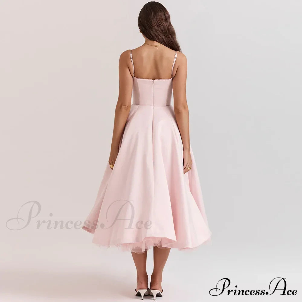 Satin Tulle Flare Charming Strap Cupped Midi Dress image 19