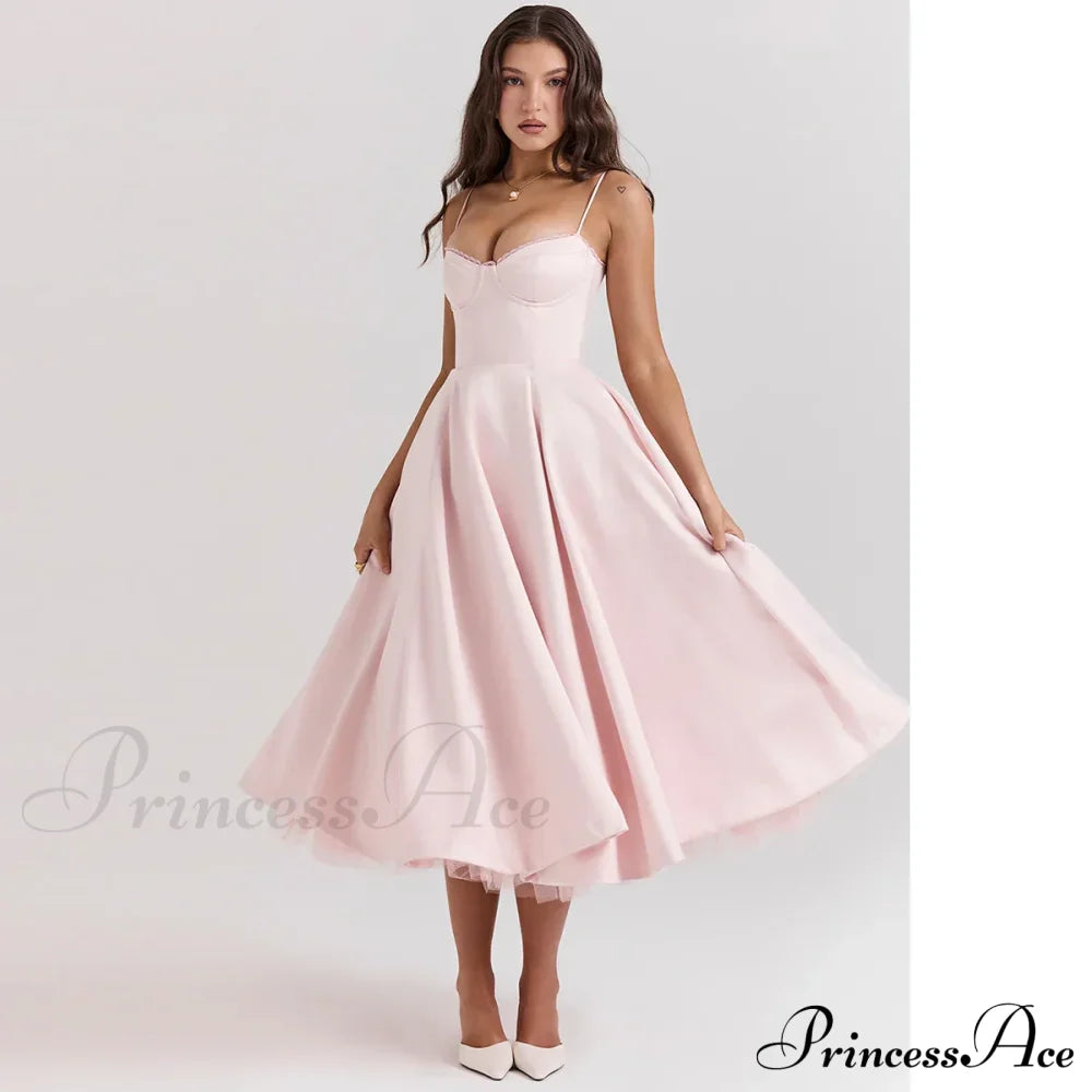 Satin Tulle Flare Charming Strap Cupped Midi Dress image 2