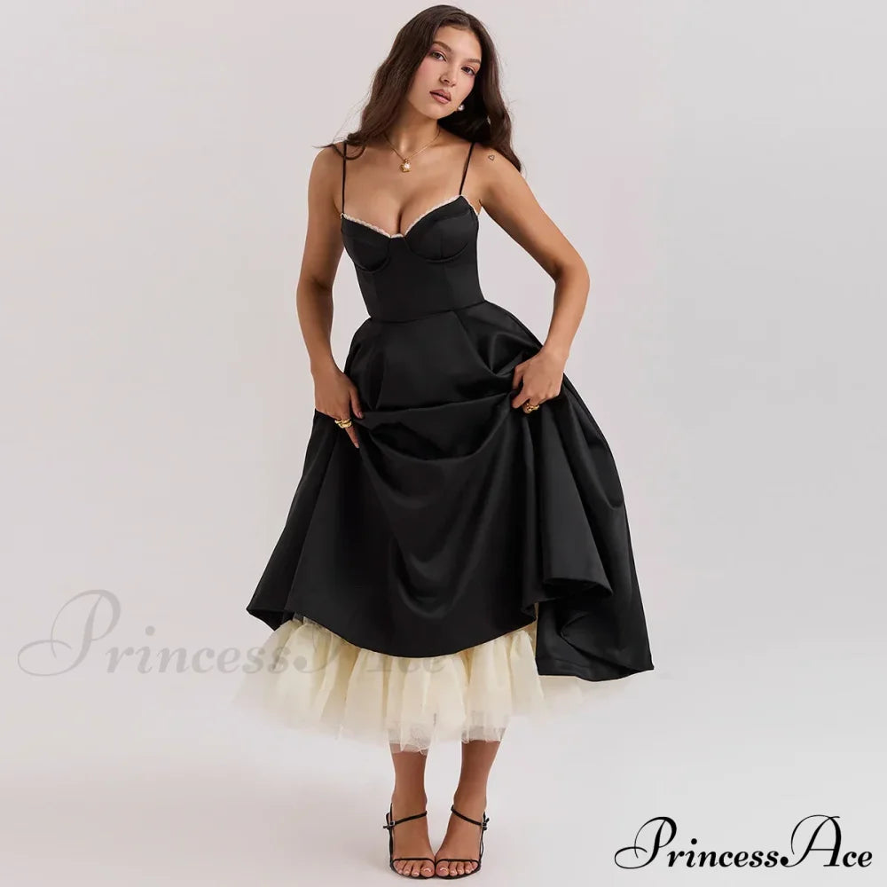 Satin Tulle Flare Charming Strap Cupped Midi Dress image 3