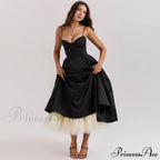 Satin Tulle Flare Charming Strap Cupped Midi Dress image 3