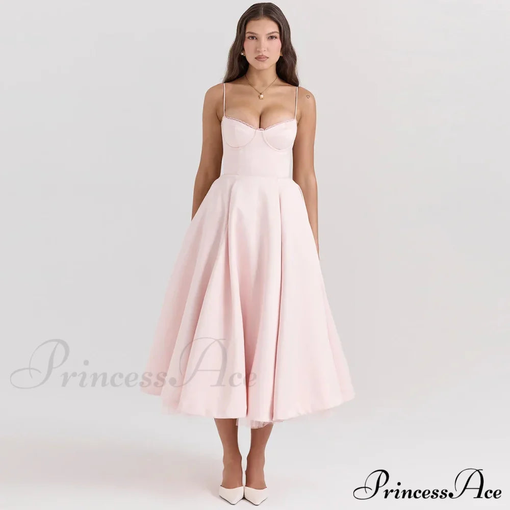 Satin Tulle Flare Charming Strap Cupped Midi Dress image 16