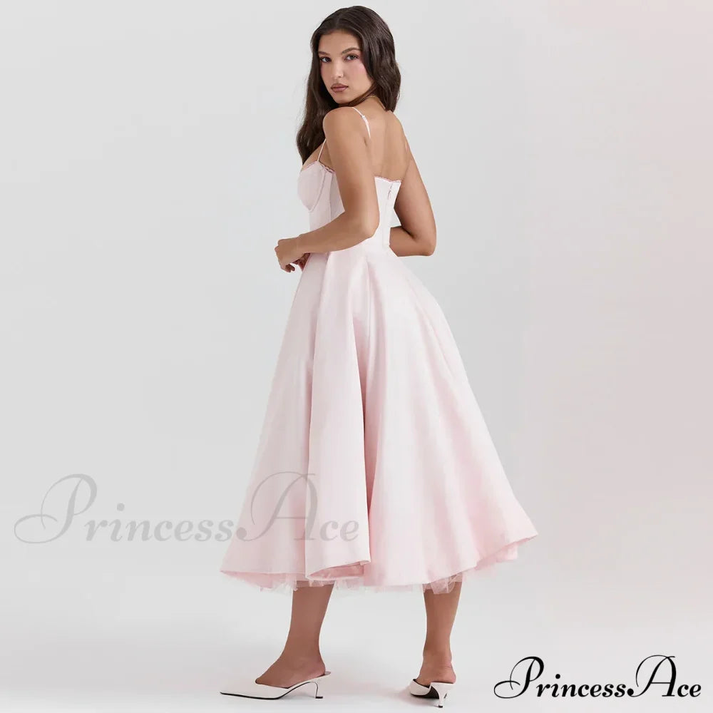 Satin Tulle Flare Charming Strap Cupped Midi Dress image 18