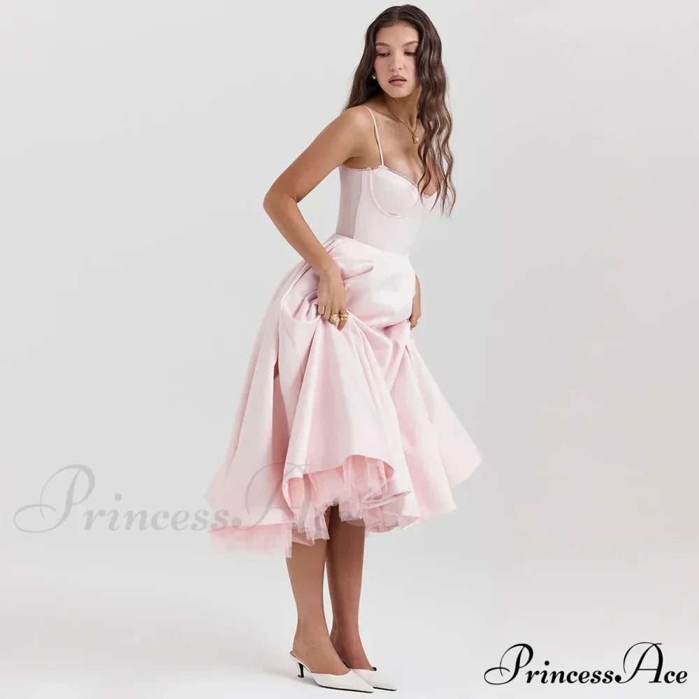 Satin Tulle Flare Charming Strap Cupped Midi Dress image 17