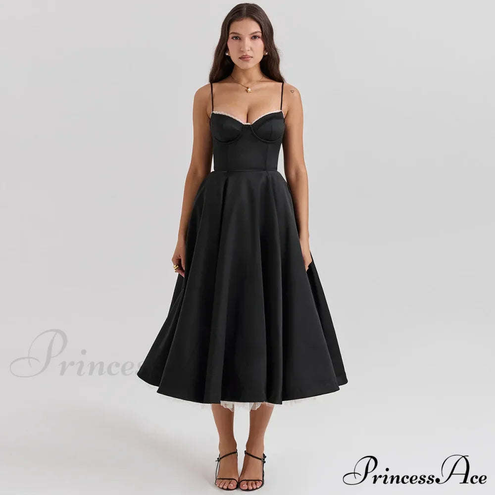 Satin Tulle Flare Charming Strap Cupped Midi Dress image 4