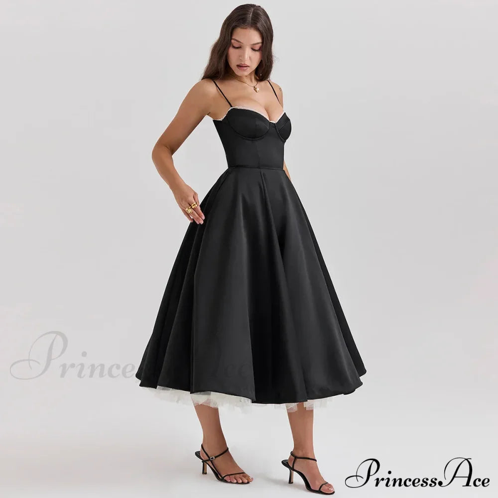 Satin Tulle Flare Charming Strap Cupped Midi Dress image 1