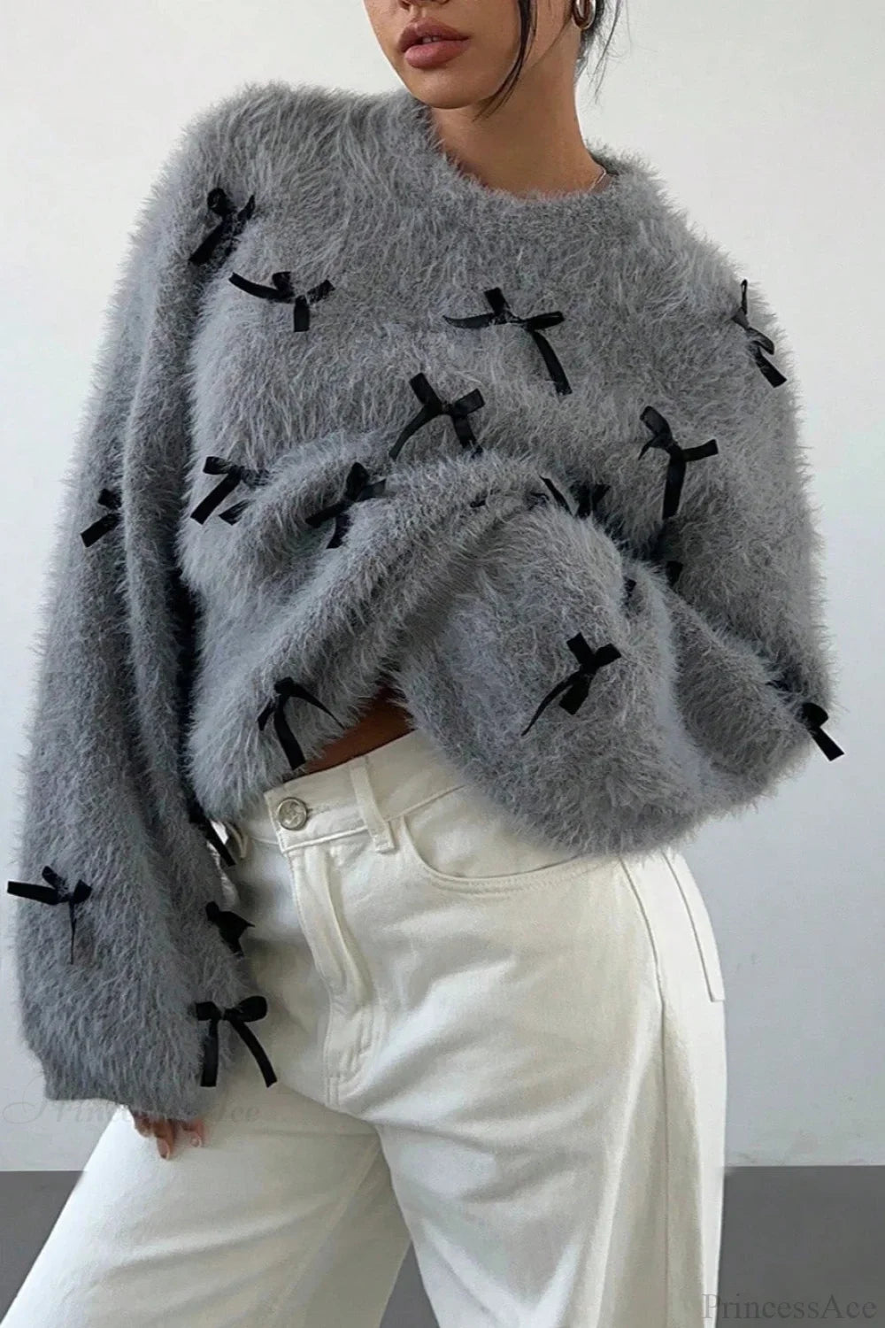 Seamoss Bow Decor Soft Crew Neck Loose Knit Sweater image 2