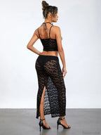 See-Through Black Lace Crochet Camis Crop Top Long Floral Skirt image 4