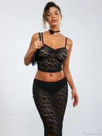 See-Through Black Lace Crochet Camis Crop Top Long Floral Skirt image 2
