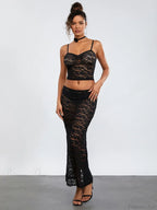 See-Through Black Lace Crochet Camis Crop Top Long Floral Skirt image 5
