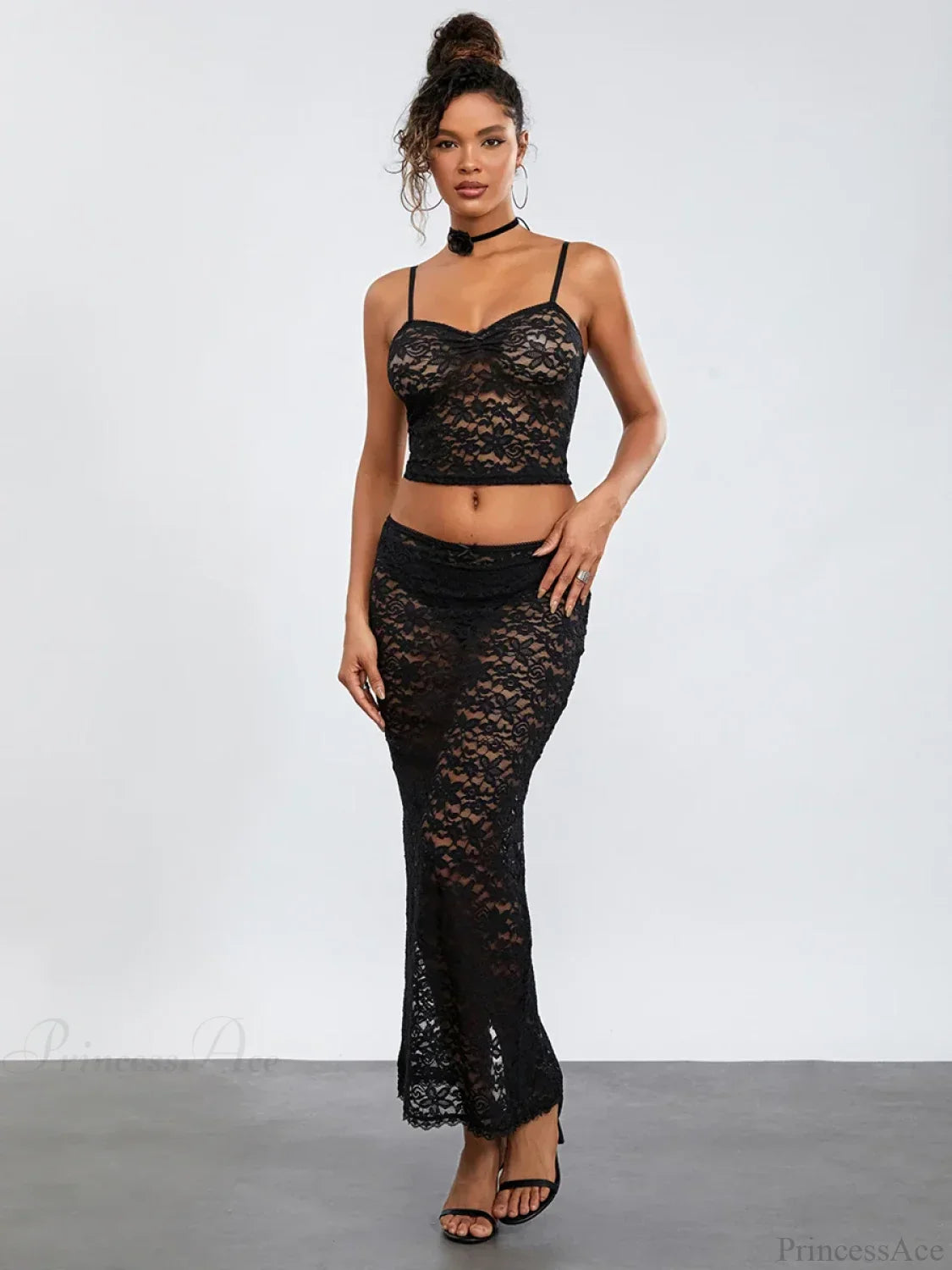 See-Through Black Lace Crochet Camis Crop Top Long Floral Skirt image 5