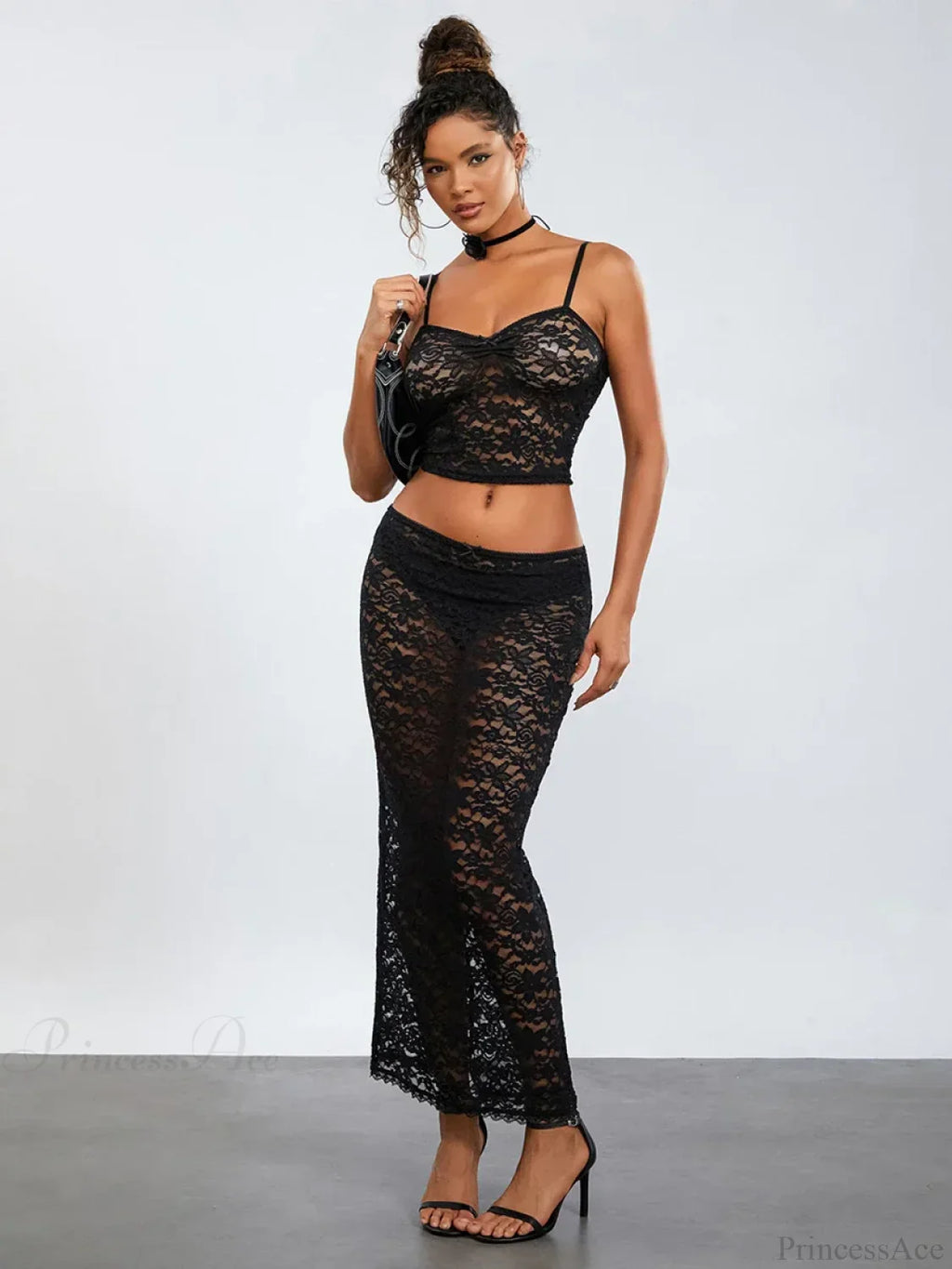 See-Through Black Lace Crochet Camis Crop Top Long Floral Skirt image 3