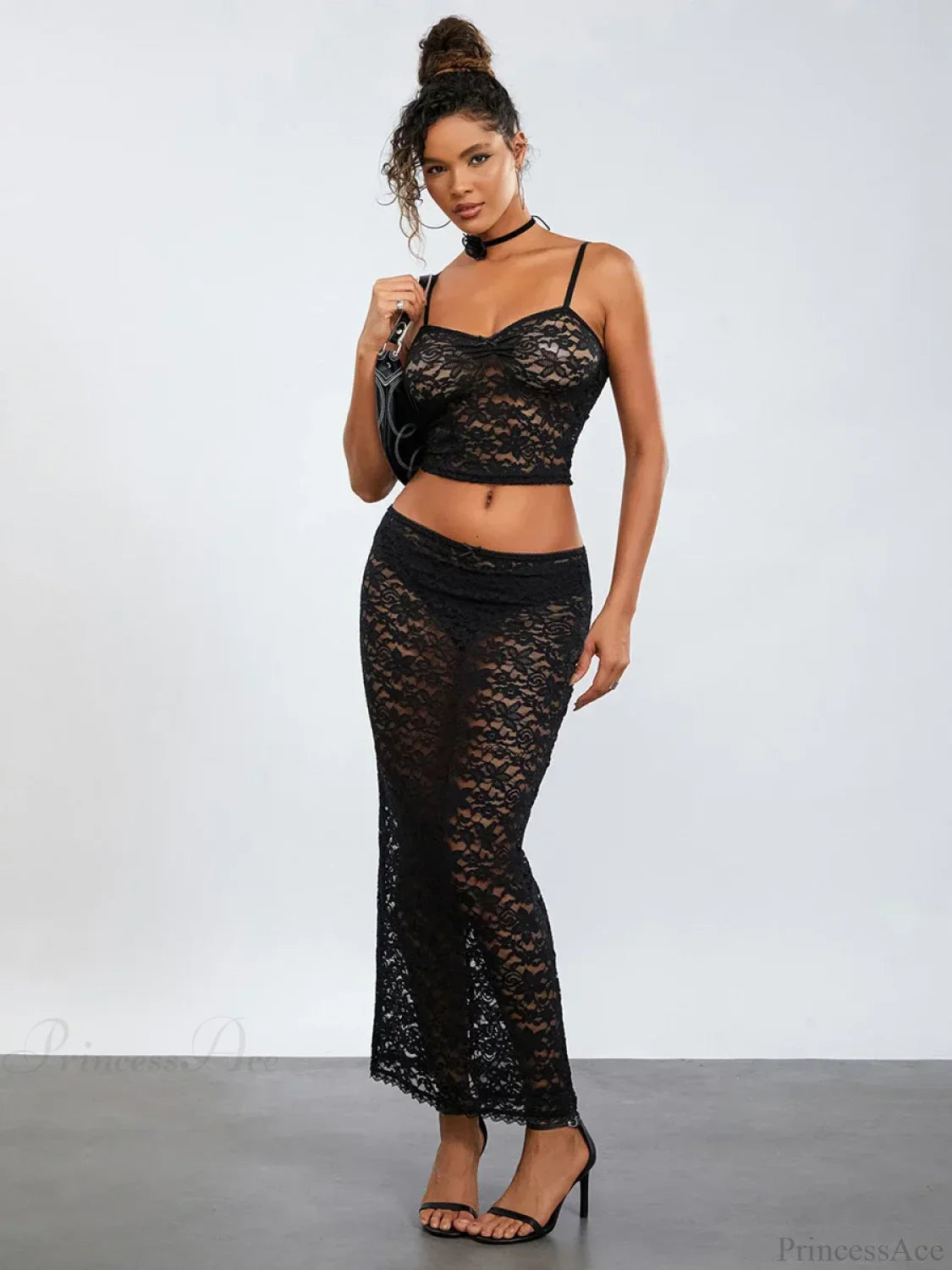 See-Through Black Lace Crochet Camis Crop Top Long Floral Skirt image 3