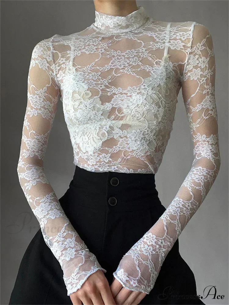 See Through Crop Top Long Sleeve High Neck Lace Floral Slim Fit T-shirts image 2