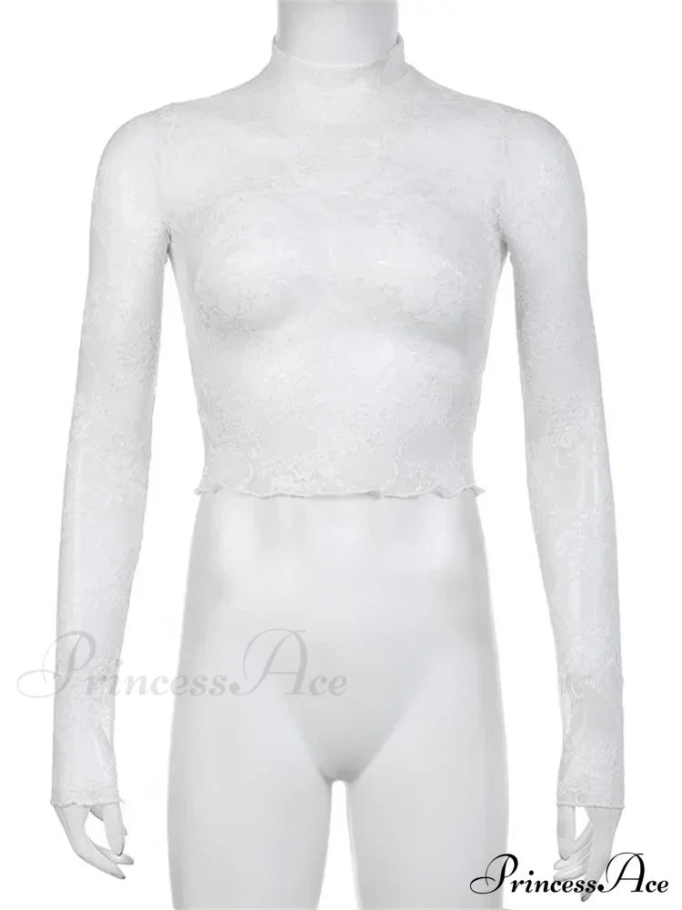 See Through Crop Top Long Sleeve High Neck Lace Floral Slim Fit T-shirts image 6