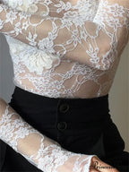 See Through Crop Top Long Sleeve High Neck Lace Floral Slim Fit T-shirts image 4