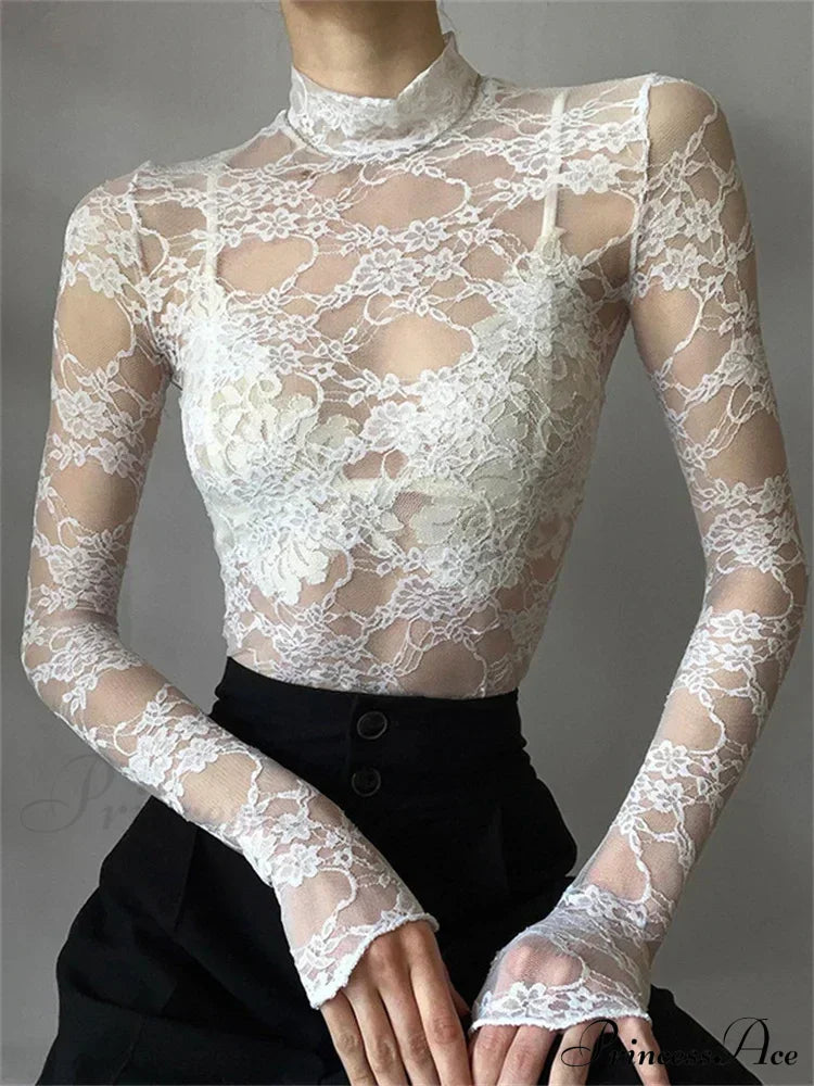 See Through Crop Top Long Sleeve High Neck Lace Floral Slim Fit T-shirts image 1