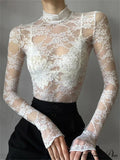 See Through Crop Top Long Sleeve High Neck Lace Floral Slim Fit T-shirts image 1