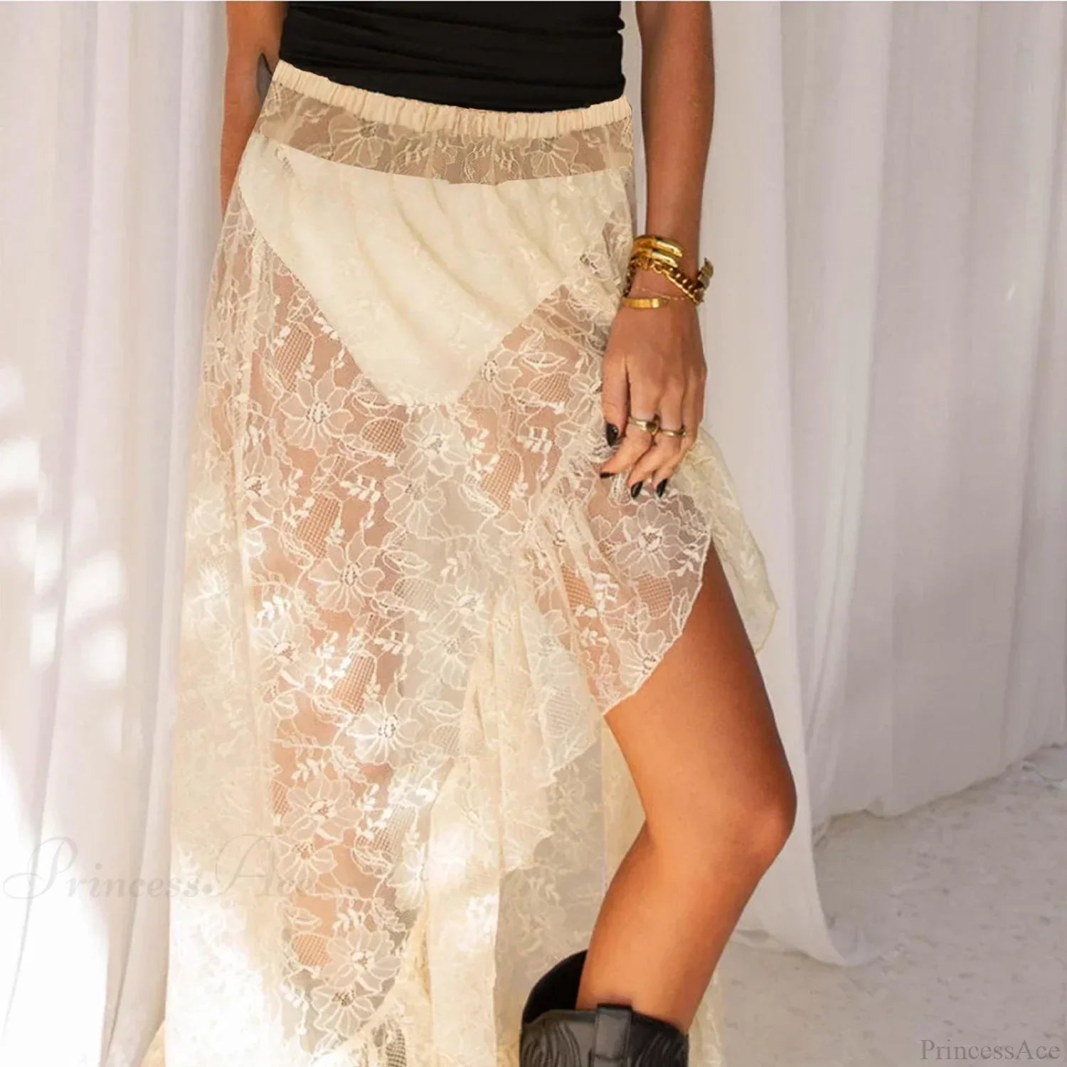 See Through Elastic High Waist Ruffle Asymmetrical Lace Skirt image 6